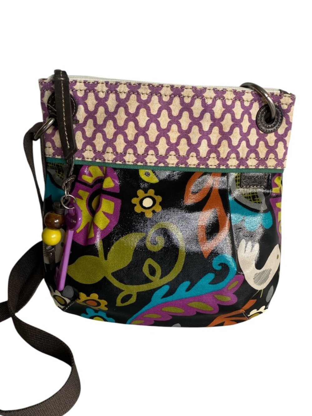 Fossil Key Per Crossbody Bag Coated Canvas Bird Floral Like New